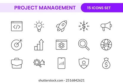 Iconos web de gestión de proyectos en estilo de línea. Esboza la colección de íconos relacionados con el horario, los recursos humanos, la gestión, el desarrollo, la planificación y más.
