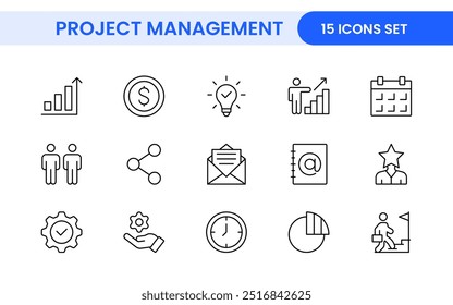 Project Management web icons in line style. Outline icon collection related to Schedule, human resource, management, development, planning, and more.