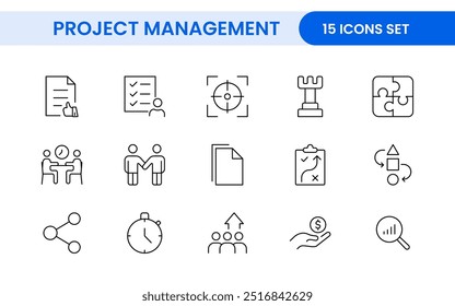 Project Management web icons in line style. Outline icon collection related to Schedule, human resource, management, development, planning, and more.