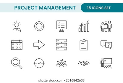 Ícones da Web do Gerenciamento de projetos no estilo de linha. Coleção de ícones de estrutura de tópicos relacionados a Cronograma, recursos humanos, gerenciamento, desenvolvimento, planejamento e muito mais.