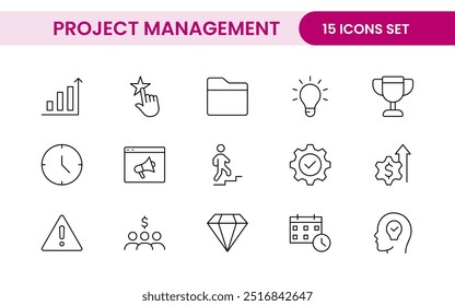 Project Management web icons in line style. Outline icon collection related to Schedule, human resource, management, development, planning, and more.