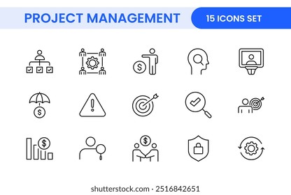 Projektmanagement-Websymbole im Linienstil. Gliederungssymbolsammlung zu Zeitplan, Personalwesen, Management, Entwicklung, Planung und mehr.