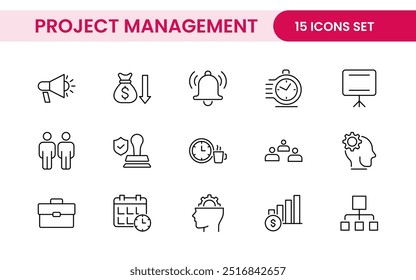 Project Management web icons in line style. Outline icon collection related to Schedule, human resource, management, development, planning, and more.