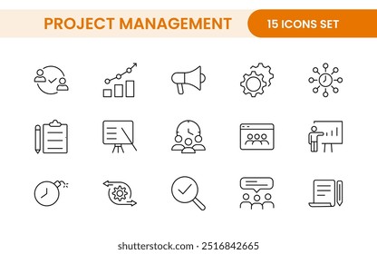 Project Management web icons in line style. Outline icon collection related to Schedule, human resource, management, development, planning, and more.
