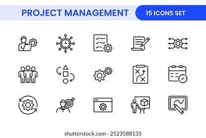 Iconos web de gestión de proyectos en estilo de línea. Esboza la colección de íconos relacionados con el horario, los recursos humanos, la gestión, el desarrollo, la planificación y más.