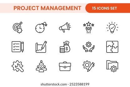 Iconos web de gestión de proyectos en estilo de línea. Esboza la colección de íconos relacionados con el horario, los recursos humanos, la gestión, el desarrollo, la planificación y más.