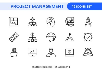 Ícones da Web do Gerenciamento de projetos no estilo de linha. Coleção de ícones de estrutura de tópicos relacionados a Cronograma, recursos humanos, gerenciamento, desenvolvimento, planejamento e muito mais.