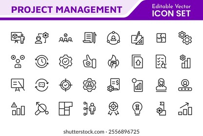 Project Management web icons in line style. Outline icon collection related to Schedule, human resource, management, development, planning, and more.
