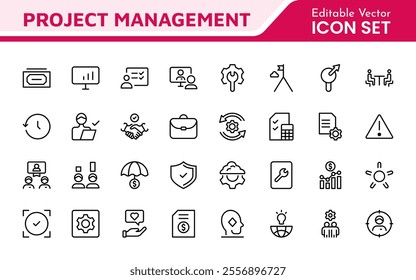 Project Management web icons in line style. Outline icon collection related to Schedule, human resource, management, development, planning, and more.
