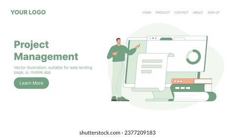 Project Management. Web Landing Page Design. Flat Cartoon Vector Illustration. Vector illustration, suitable for web landing page, ui, mobile app
