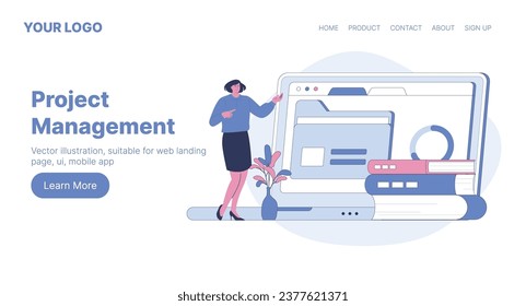 Project Management. Web Landing Page Design. Flat Cartoon Vector Illustration. Vector illustration, suitable for web landing page, ui, mobile app