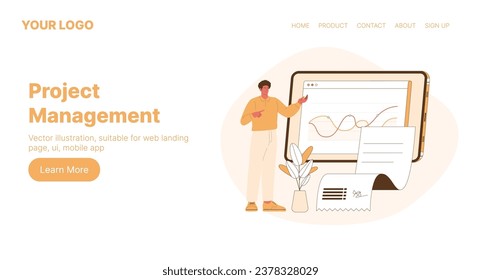 Administración de proyectos. Diseño de página de inicio web. Ilustración de vectores de dibujos planos. Ilustración vectorial, adecuada para página de inicio web, ui, aplicación móvil