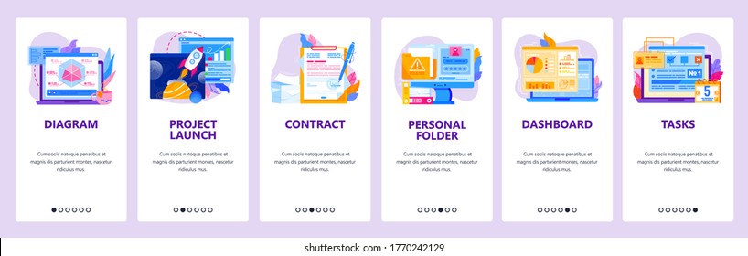 Project management website and mobile app onboarding screens. Menu banner vector template for web site and application development. Business project launch, dashboard, diagram, contract, tasks.