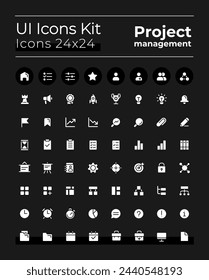 Project management white glyph ui icons kit for dark mode. Silhouette symbols on black background. Solid pictograms for web, mobile. Vector isolated illustrations. Poppins font used