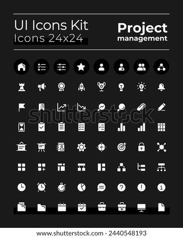Project management white glyph ui icons kit for dark mode. Silhouette symbols on black background. Solid pictograms for web, mobile. Vector isolated illustrations. Poppins font used