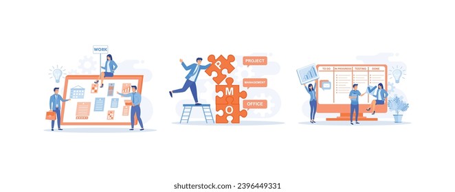  project management, Work flow organization. Office work and time management. set flat vector modern illustration