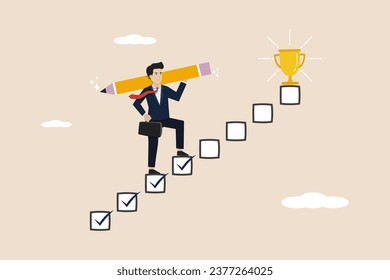 Project management, work progress or tracking completed tasks, productivity concept, businessman project manager walking on completed checkbox ladder to achieve goal.