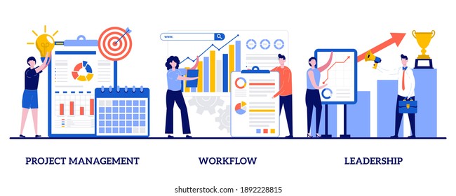 Project Management, Workflow, Leadership Concept With Tiny People. Business Management Abstract Vector Illustration Set. Waterfall, Agile, Development Team, Productivity Software, Coaching Metaphor.