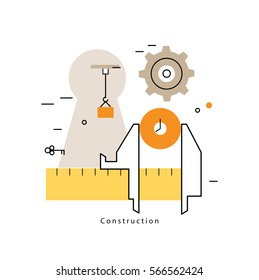 Project management with working caliper flat line business vector illustration design banner. Engineering, building and measurement concept for mobile and web graphics