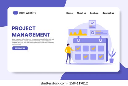 project managementlanding page vector illustration. people check task on calendar. task management concept, for website, banner, home page, flat illustration.