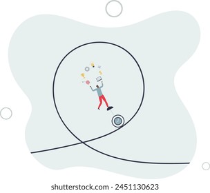 project manager balance on clock juggling project management elements.flat vector illustration.