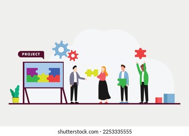 Project manager choosing the right puzzle piece to finish work 2d vector illustration concept for banner, website, illustration, landing page, flyer, etc