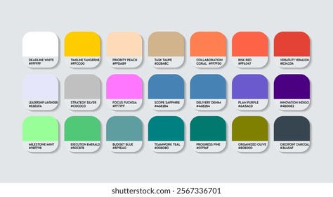 Project Manager Color Guide Palette with Color Names. Catalog Sample Project Manager with RGB HEX codes and Names. Projects Manager Color Palette, Fashion Trend Project Managers Color Palette