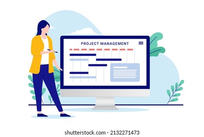 Project manager with computer - Vector illustration of woman working with managing projects on desktop screen. Flat design vector illustration with white background