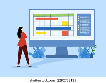 Project manager concept, business woman working managing project on computer screen. Project manager woman. Flat design vector illustration