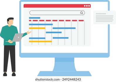 Project manager concept, male person standing in front of computer with project management calendar software planning business project. project management. Flat design vector illustration.