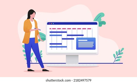 Project manager - Female person working on managing projects on computer screen. Flat design vector illustration