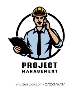 Project manager logo. A man in a hard hat talking on the phone.