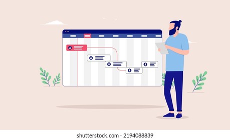 Project manager - Man standing by computer with project management calendar software planning a business project. Flat design vector illustration