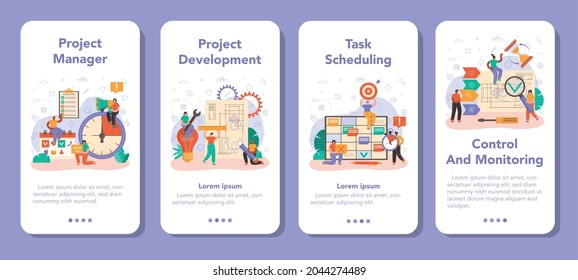 Conjunto de banners de aplicación móvil del gestor de proyectos. Planificación, desarrollo y programación de proyectos empresariales exitosos. Estrategia de gestión y comercialización. Ilustración vectorial en estilo de caricatura