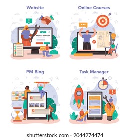Servicio en línea o conjunto de plataformas de Project Manager. Planificación, desarrollo y programación de proyectos empresariales exitosos. Curso en línea, blog, gestor de tareas, sitio web. Ilustración vectorial en estilo de caricatura