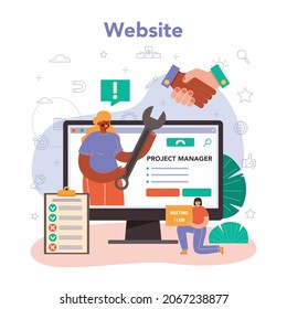 Project manager online service or platform. Successful business project planning, development and scheduling. Website. Vector illustration in cartoon style