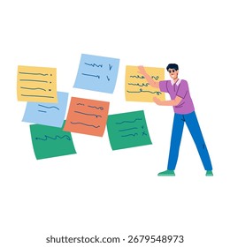 Gerente de proyecto que organiza tareas con notas adhesivas coloridas en una pizarra, planifica horarios, prioriza flujos de trabajo y visualiza el progreso del proyecto