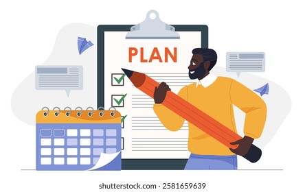 Project manager with pencil. Man puts tick in plan next to calendar. Planning and setting goals and deadlines. Time management and organization of efficient work process. Flat vector illustration