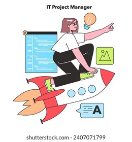 An IT Project Manager propels projects forward with vision and innovation, symbolized by a rocket, highlighting the dynamic nature of managing tech initiatives.