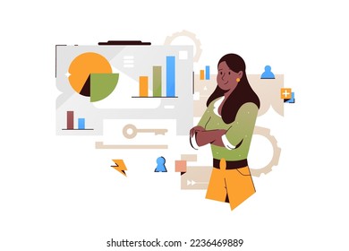 Project manager reviewing charts vector illustration. Presentation of new start-up with charts and grahs flat style concept