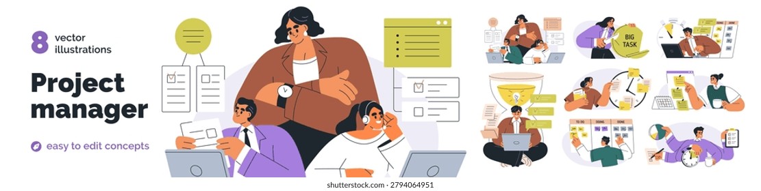 Project manager set. Business management concept. Tasks organization, planning work time. Multitasking office workers with schedules, deadlines. Flat vector illustration isolated on white background