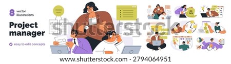 Project manager set. Business management concept. Tasks organization, planning work time. Multitasking office workers with schedules, deadlines. Flat vector illustration isolated on white background
