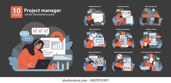 Project Manager set. Strategic planning and effective communication. Navigating budget and time constraints. Ensuring quality, assessing risks. Flat vector illustration.