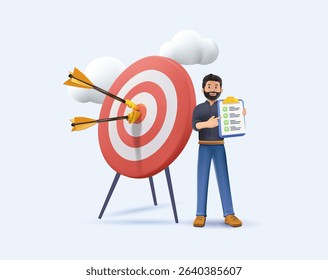 Project manager setting important goals, 3D render vector illustration. Goals, objectives, plans. Defining challenging business missions, Businessman with arrow at the target