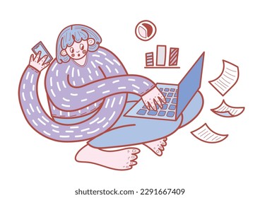 Project manager talking on the phone and working on a laptop. Remote work in the IT field. Vector modern flat illustration.