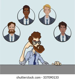 Project Manager and team. Team of project developers. Day of participation in hackathon. Sharing of working files and business materials. Vector line illustration of people and technology of computer