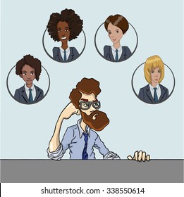 Project Manager and team. Team of project developers. Day of participation in hackathon. Sharing of working files and business materials. Vector line illustration of people and technology of computer