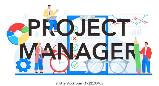 Project manager typographic header. Successful strategy planning, motivation and leadership. Marketing analysis and development. Vector illustration in cartoon style