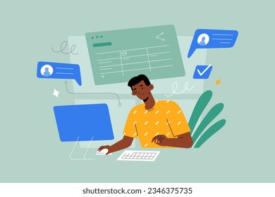 project manager, using desktop, working on project in cloud, managing tasks, commenting, scheduling, creating data base, planner for team, flat vector illustration