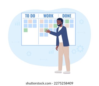 Project manager using scrum task board 2D vector isolated spot illustration. Supervisor flat character on cartoon background. Colorful editable scene for mobile, website, magazine. Oswald font used